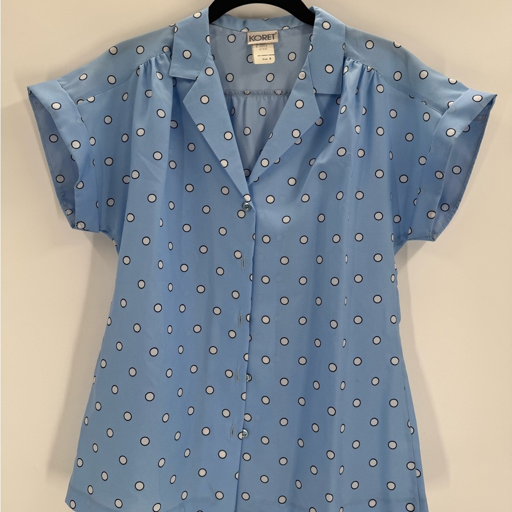 Vintage Koret Blue Polka Dot Button Front Blouse Size 8